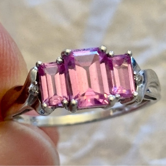 Zales Jewelry - 10k White Gold Pink Sapphire and Diamond Chip Ring Size 7